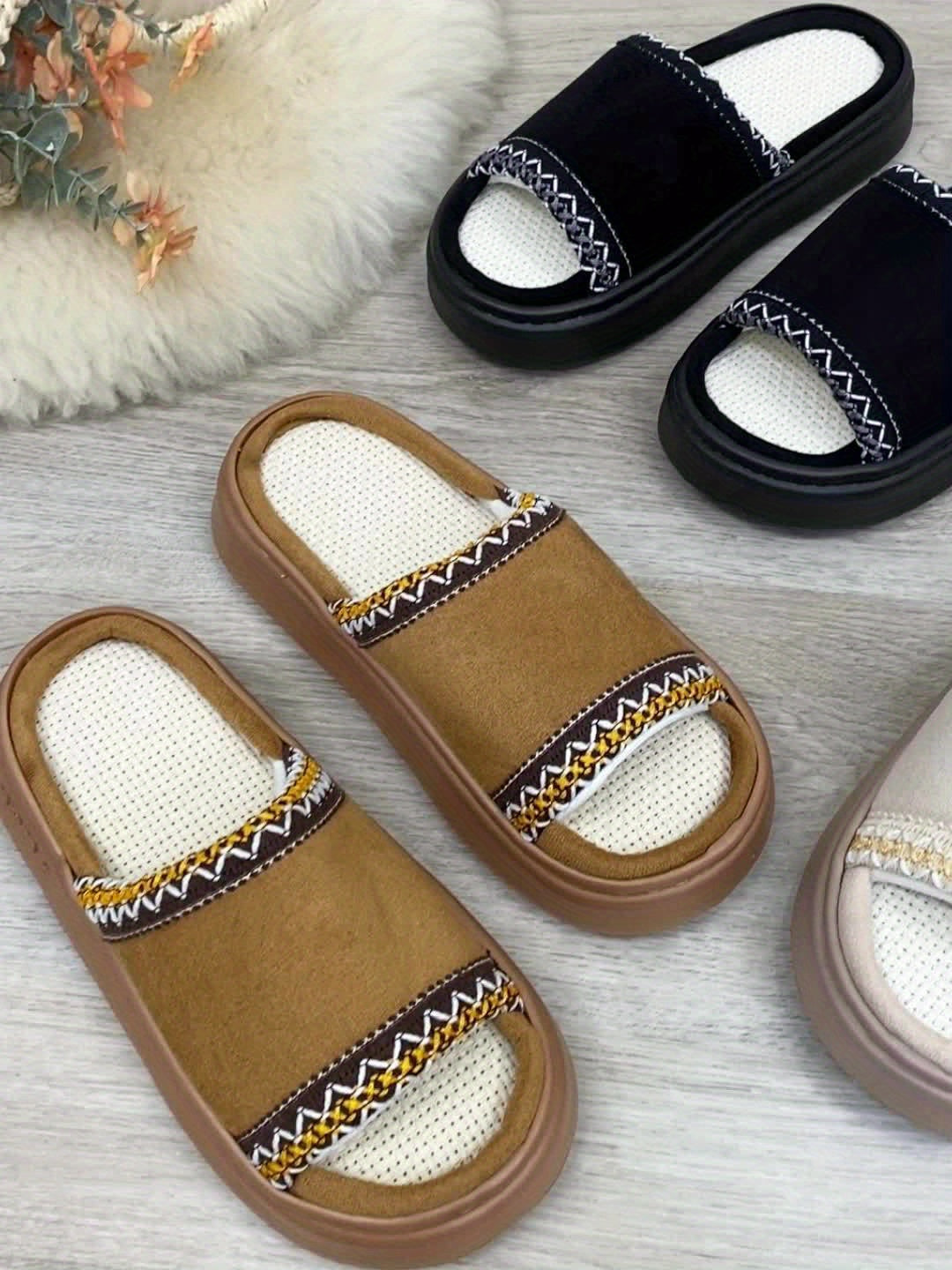 Cozy Plush Slippers for Men and Women - Soft, Warm, Lightweight Home Shoes with Upper & Golden Trim, Open-Toe Design for Indoor Comfort, Travel, and Casual Wear, Casual Indoor Shoes | Elegant Trim Slippers | Soft Texture Shoe